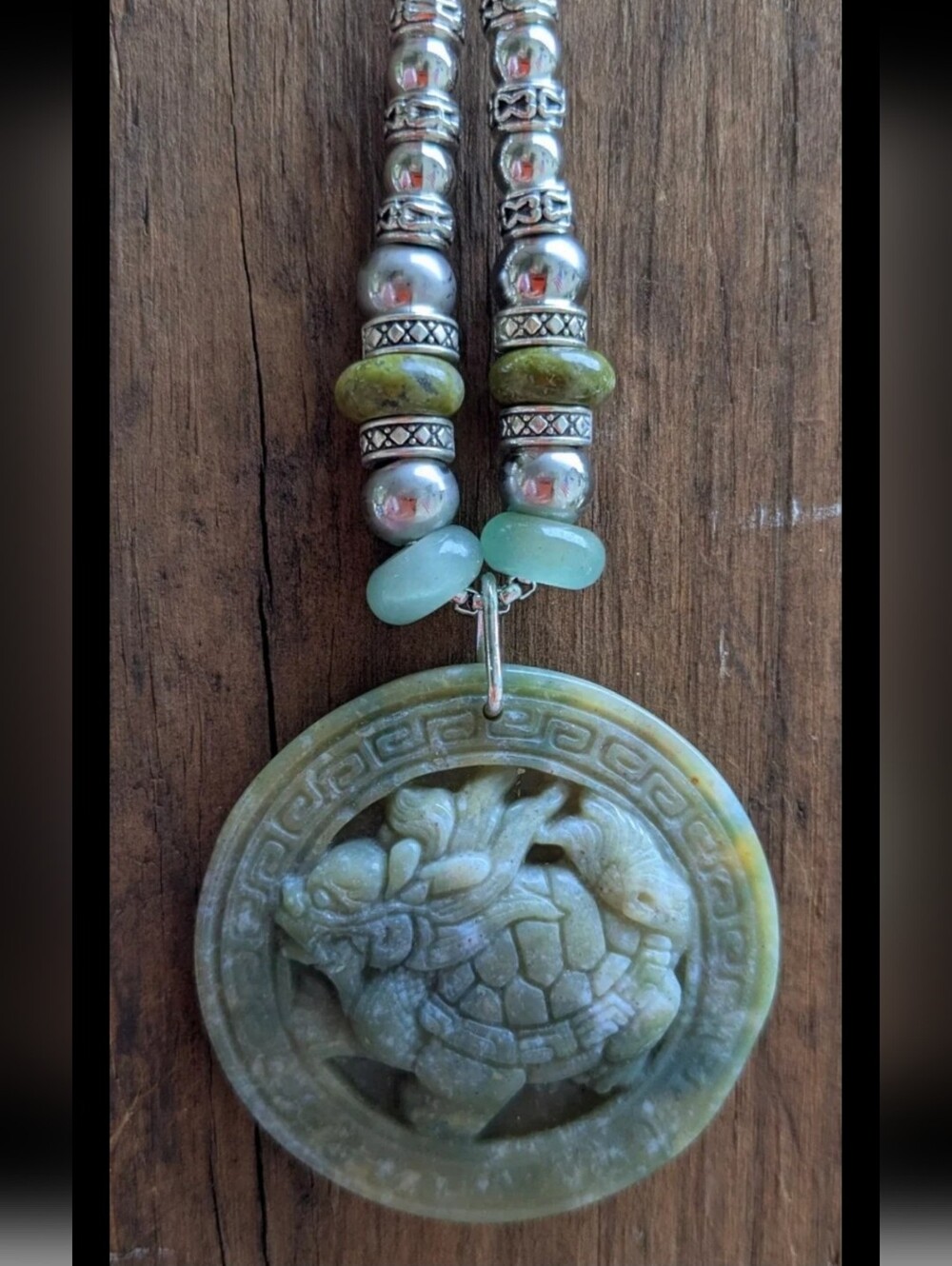 Handcrafted Indian Agate Dragon Turtle Pendant Stainless Beaded Necklace